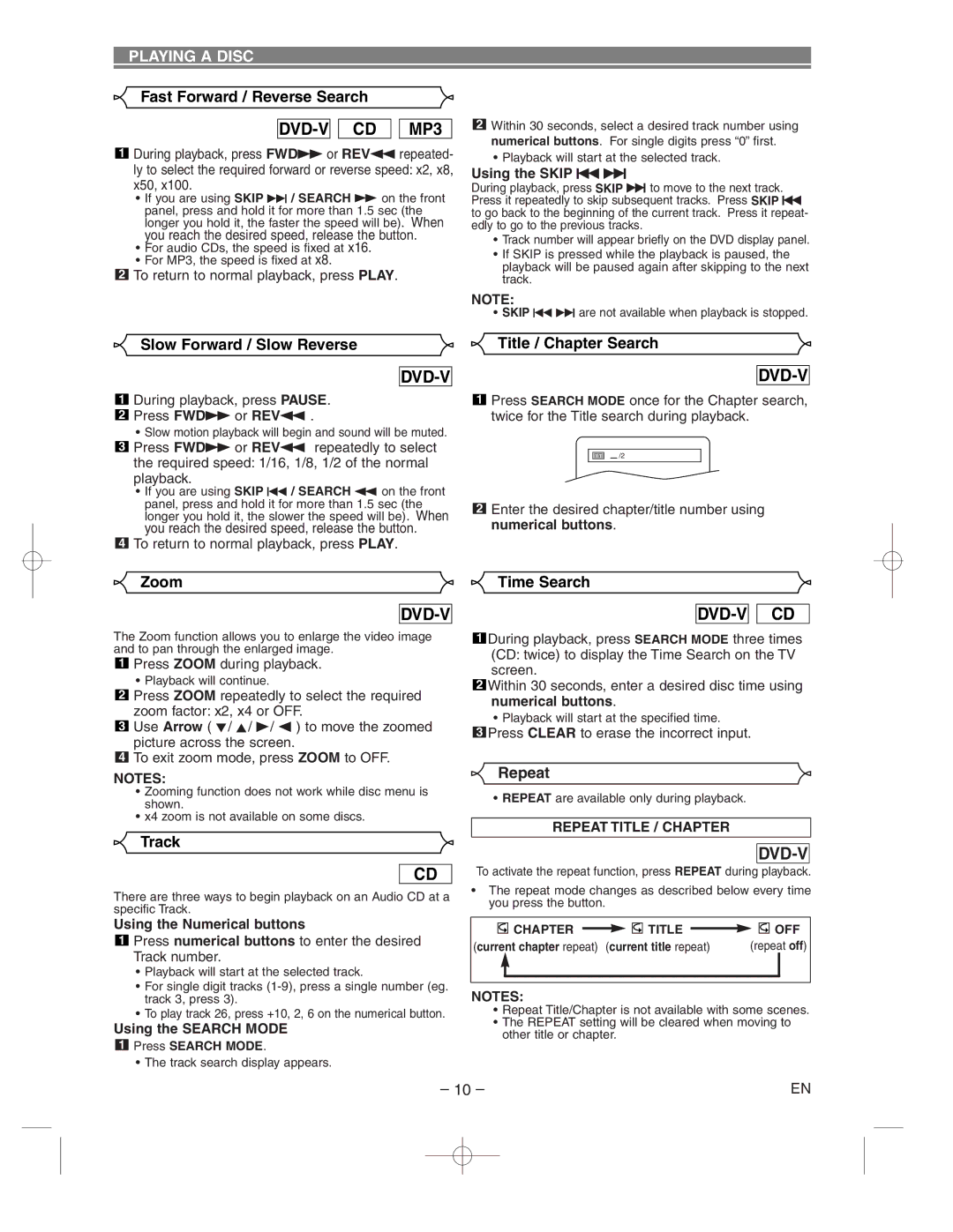 Hitachi DV-P733U Fast Forward / Reverse Search, Slow Forward / Slow Reverse, Title / Chapter Search, Zoom, Track, Repeat 