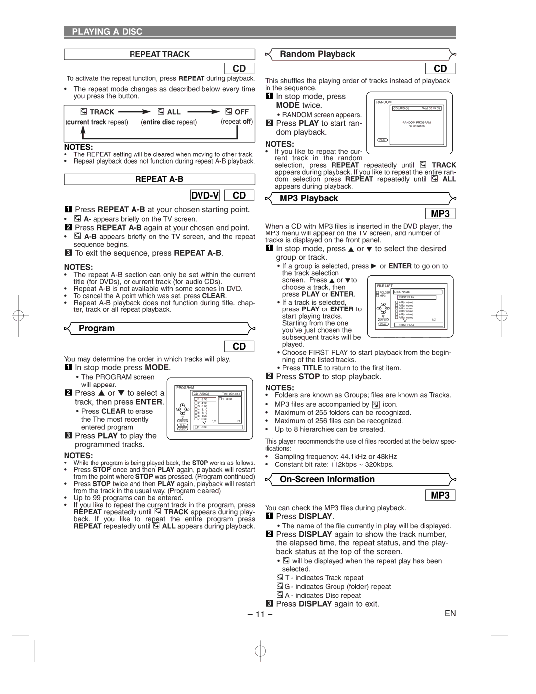 Hitachi DV-P733U instruction manual Random Playback, MP3 Playback, Program, On-Screen Information 