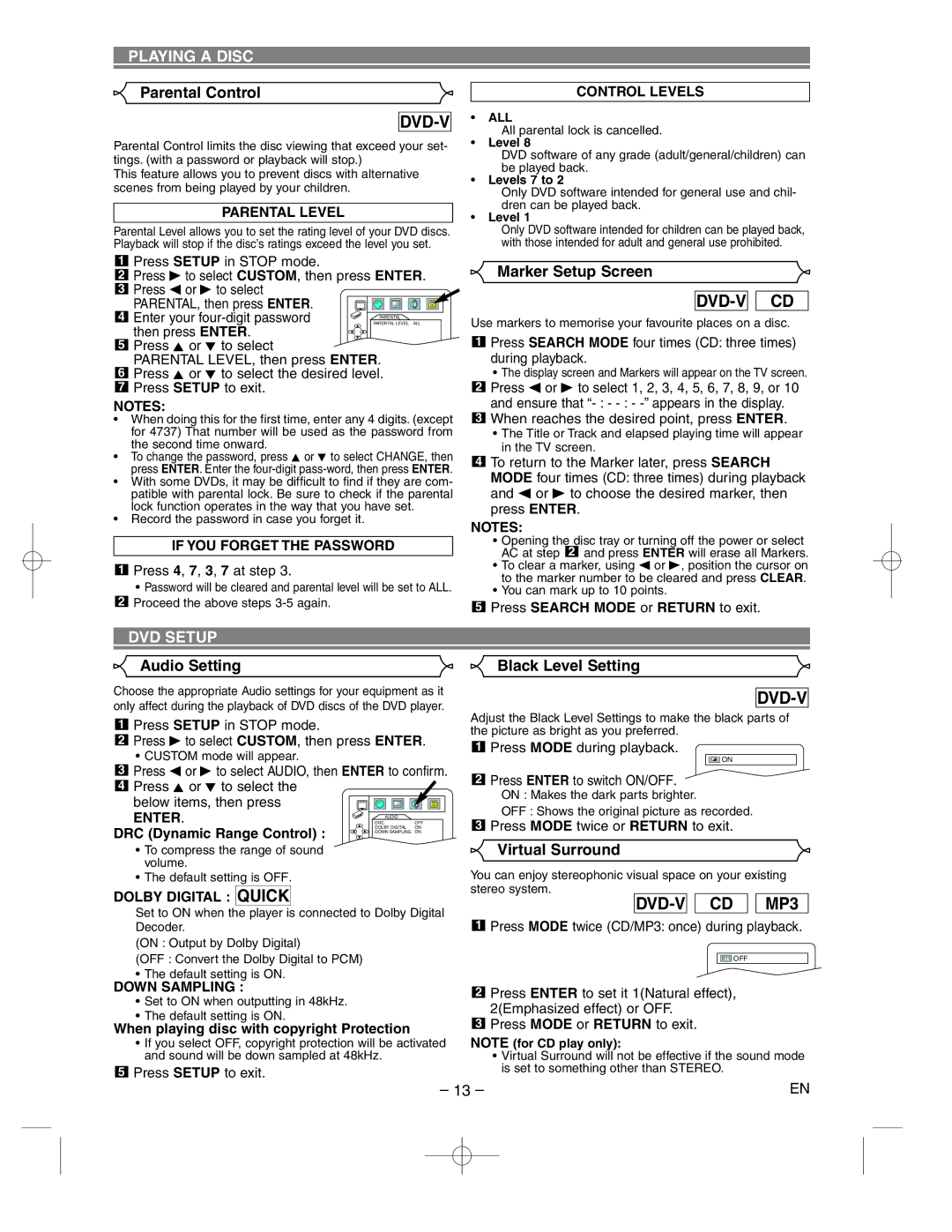 Hitachi DV-P733U Parental Control, Marker Setup Screen, DVD Setup, Audio Setting Black Level Setting, Virtual Surround 