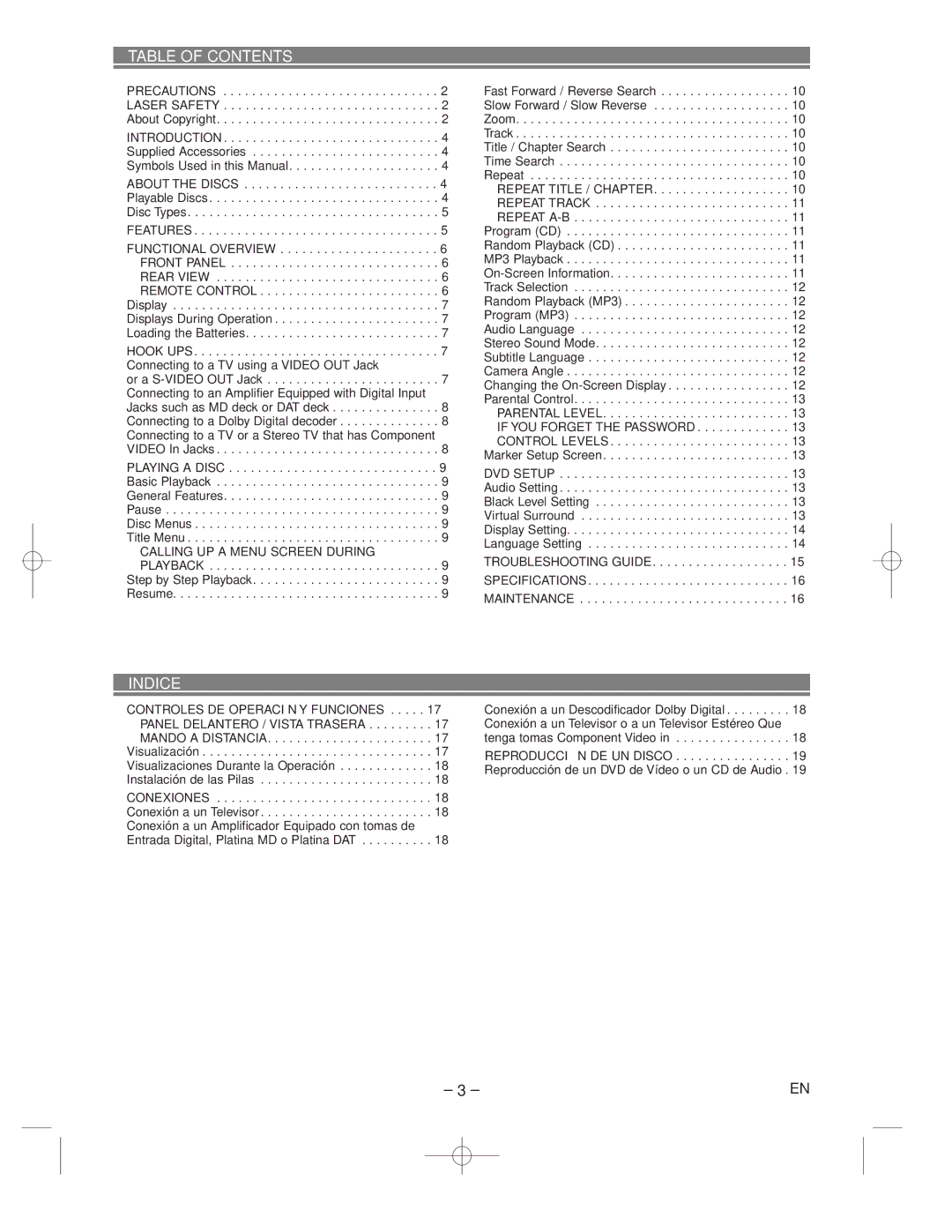 Hitachi DV-P733U instruction manual Table of Contents, Indice 