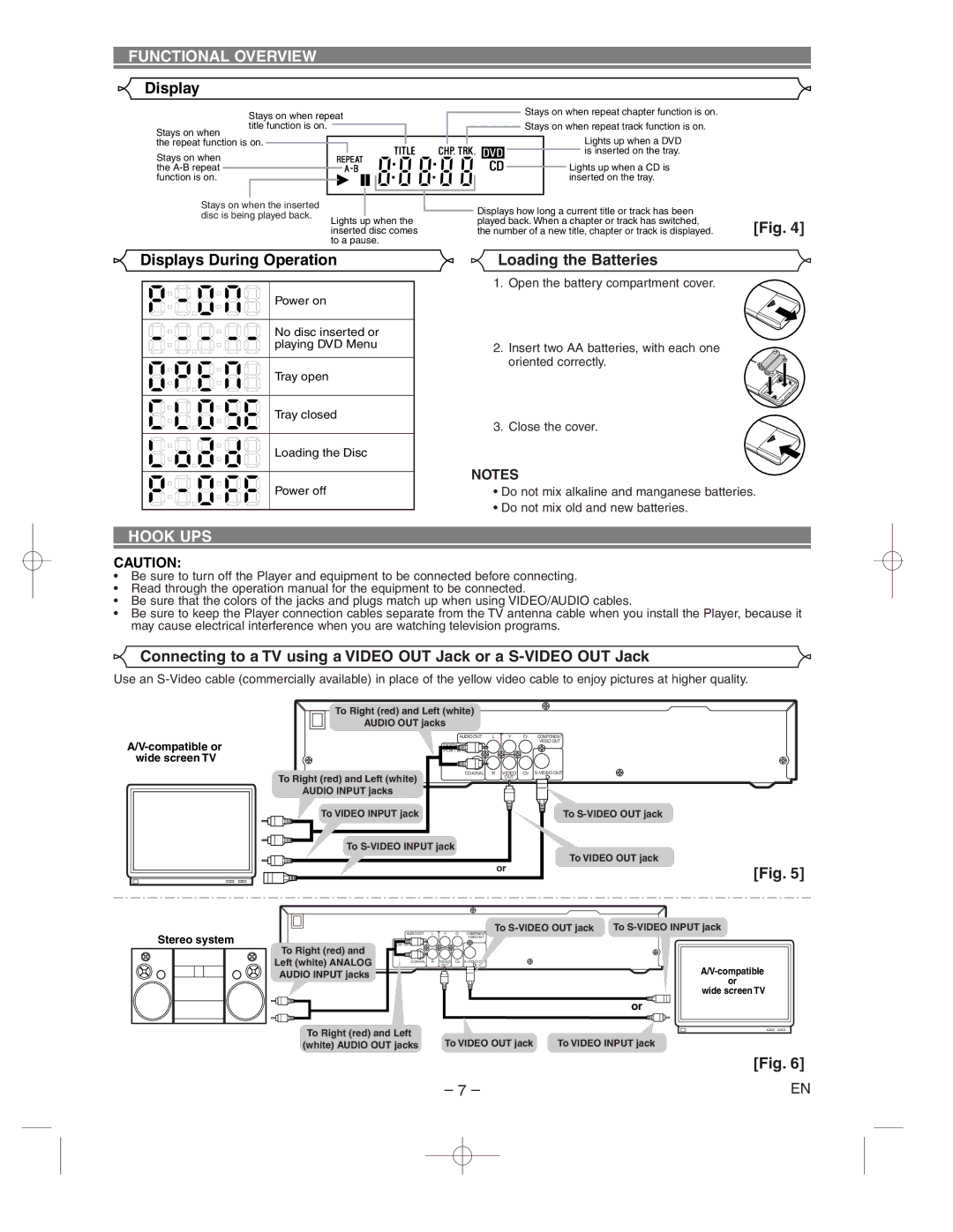 Hitachi DV-P733U instruction manual Displays During Operation, Loading the Batteries, Hook UPS 