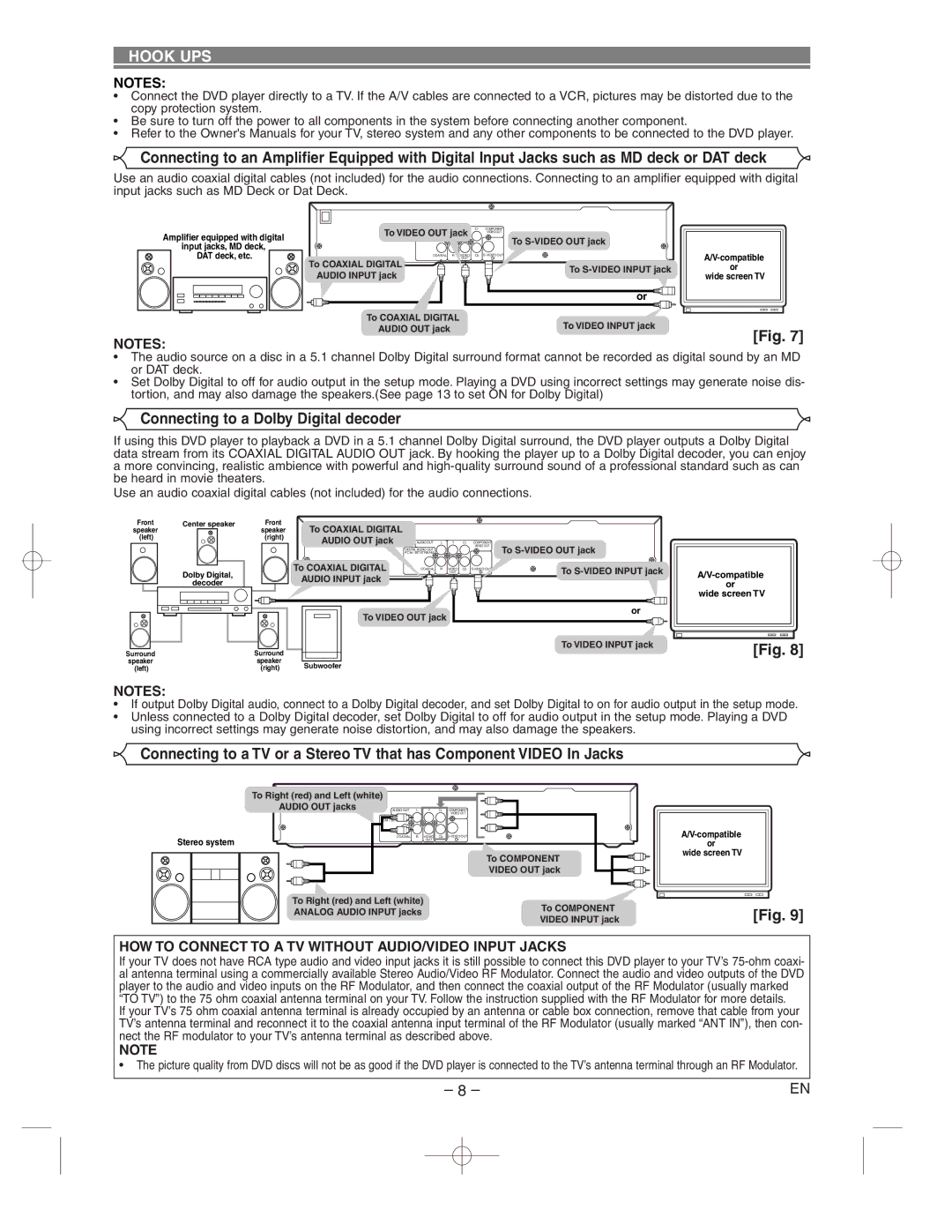 Hitachi DV-P733U Connecting to a Dolby Digital decoder, HOW to Connect to a TV Without AUDIO/VIDEO Input Jacks 