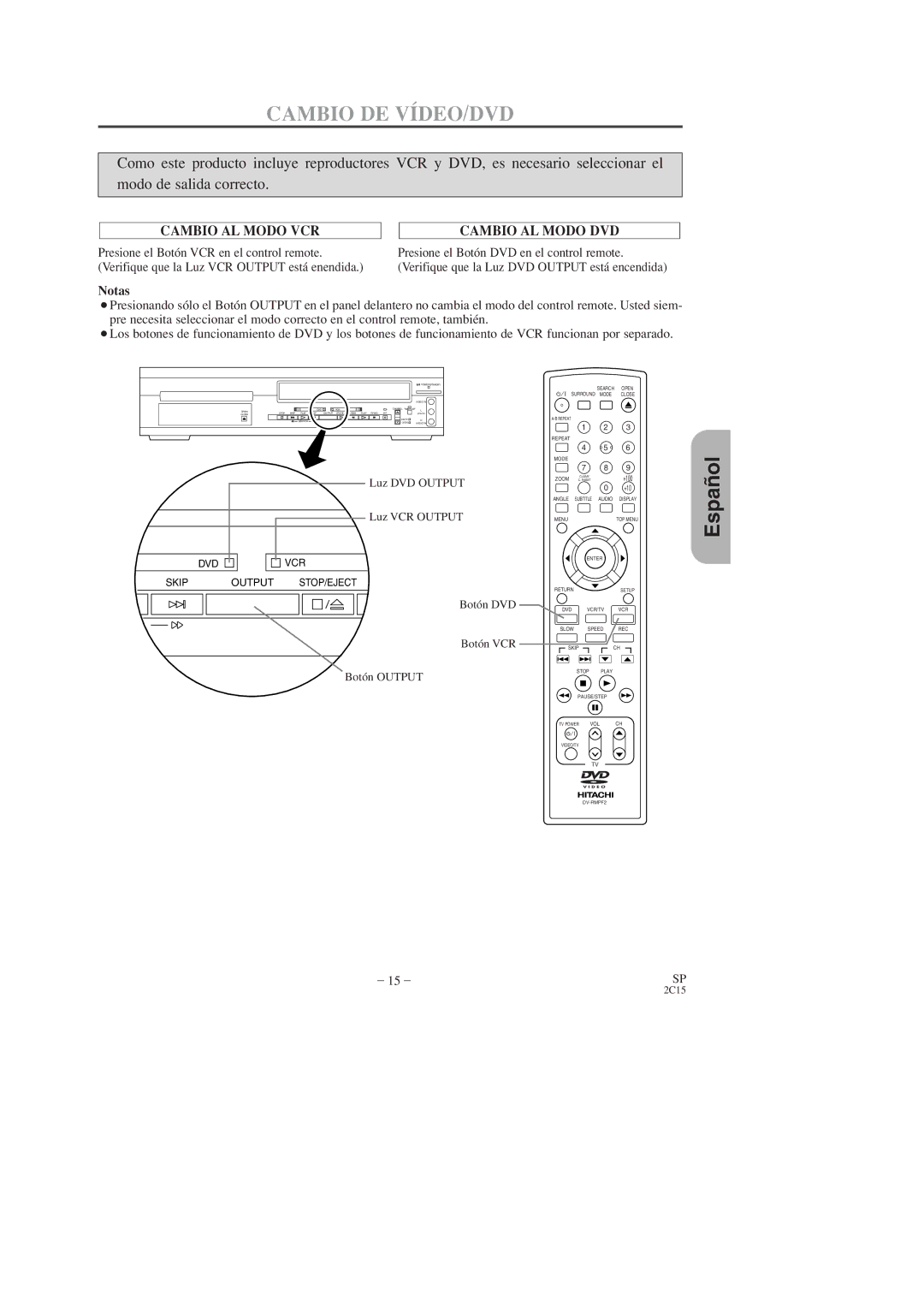 Hitachi DV-PF2U instruction manual Cambio DE VÍDEO/DVD, Cambio AL Modo VCR 