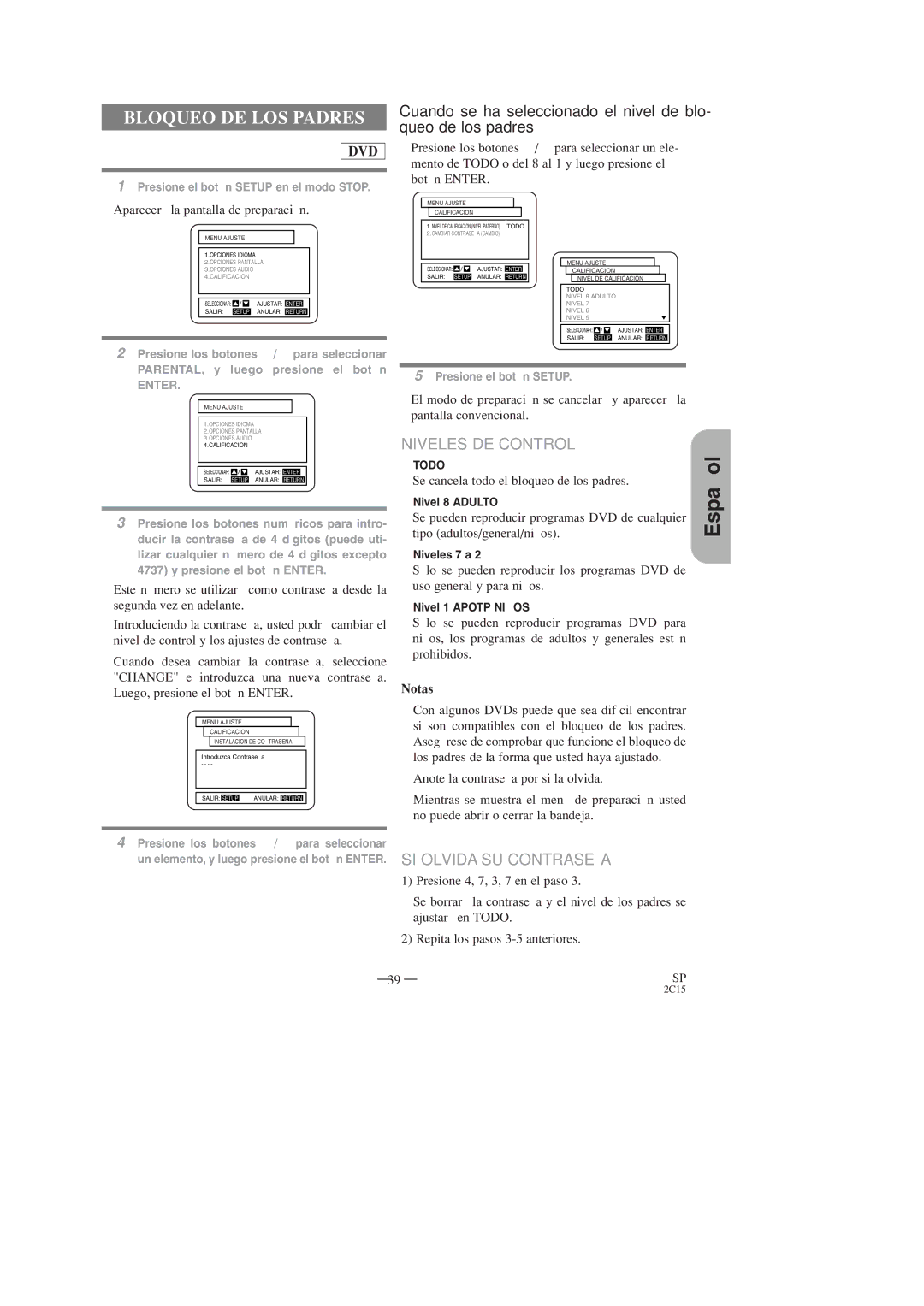 Hitachi DV-PF2U instruction manual Bloqueo DE LOS Padres, Niveles DE Control, SI Olvida SU Contraseña 