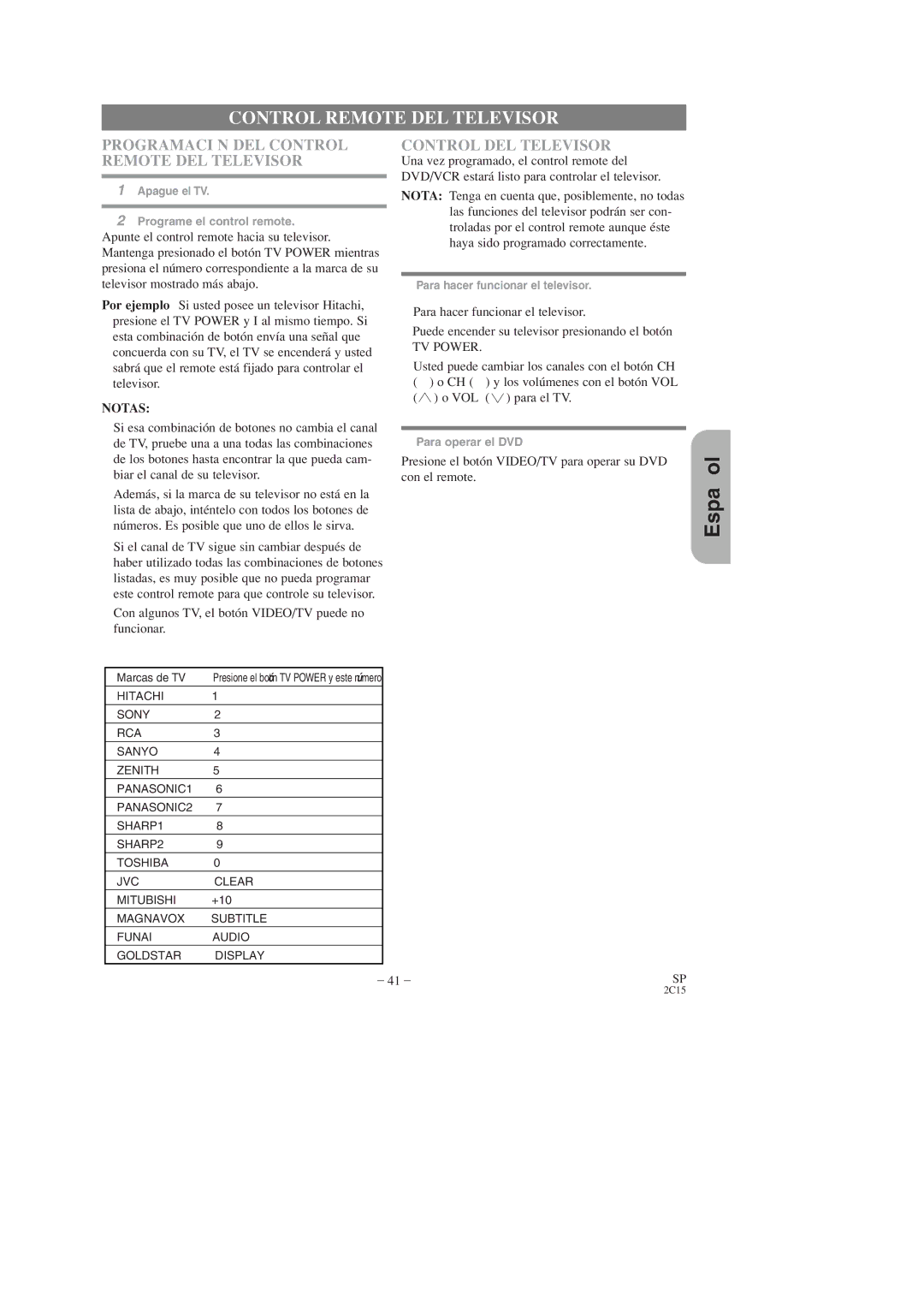 Hitachi DV-PF2U instruction manual Programación DEL Control Remote DEL Televisor, Control DEL Televisor 