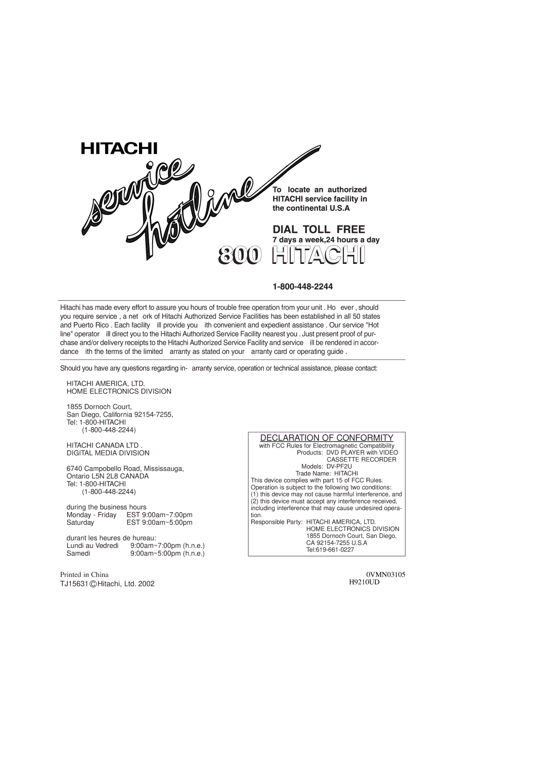 Hitachi DV-PF2U instruction manual 0VMN03105, H9210UD 