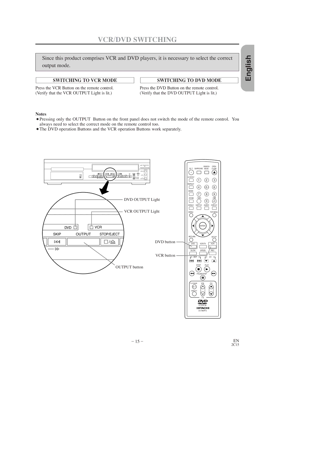 Hitachi DV-PF2U instruction manual VCR/DVD Switching, Switching to DVD Mode 