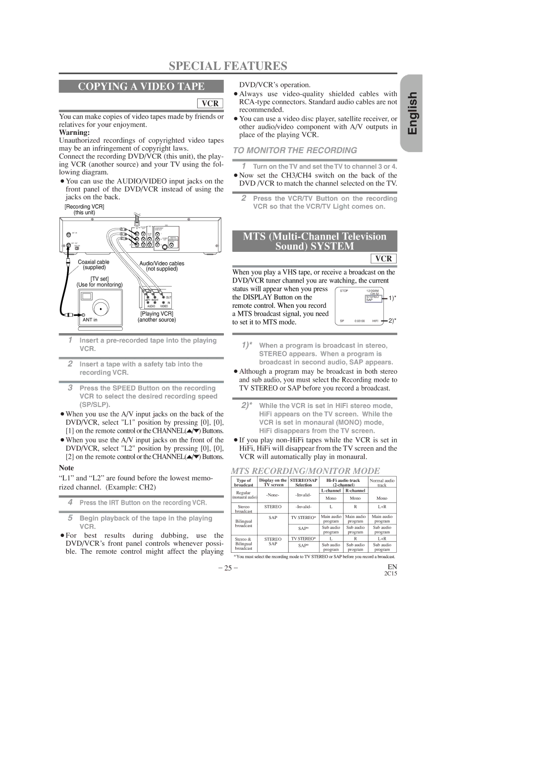 Hitachi DV-PF2U instruction manual Special Features, Copying a Video Tape, MTS Multi-Channel Television Sound System 