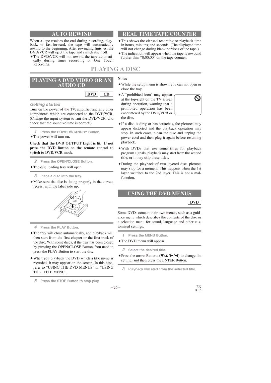 Hitachi DV-PF2U instruction manual Playing a Disc, Auto Rewind, Playing a DVD Video or AN Audio CD, Using the DVD Menus 