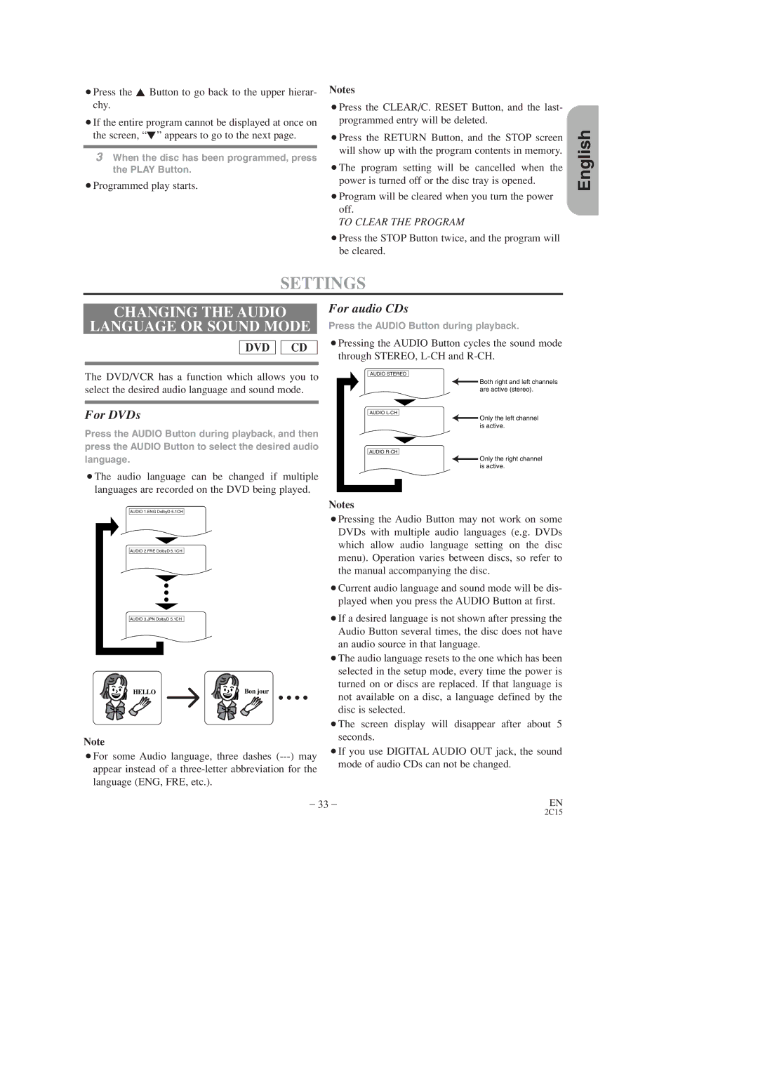 Hitachi DV-PF2U instruction manual Settings, Changing the Audio Language or Sound Mode 