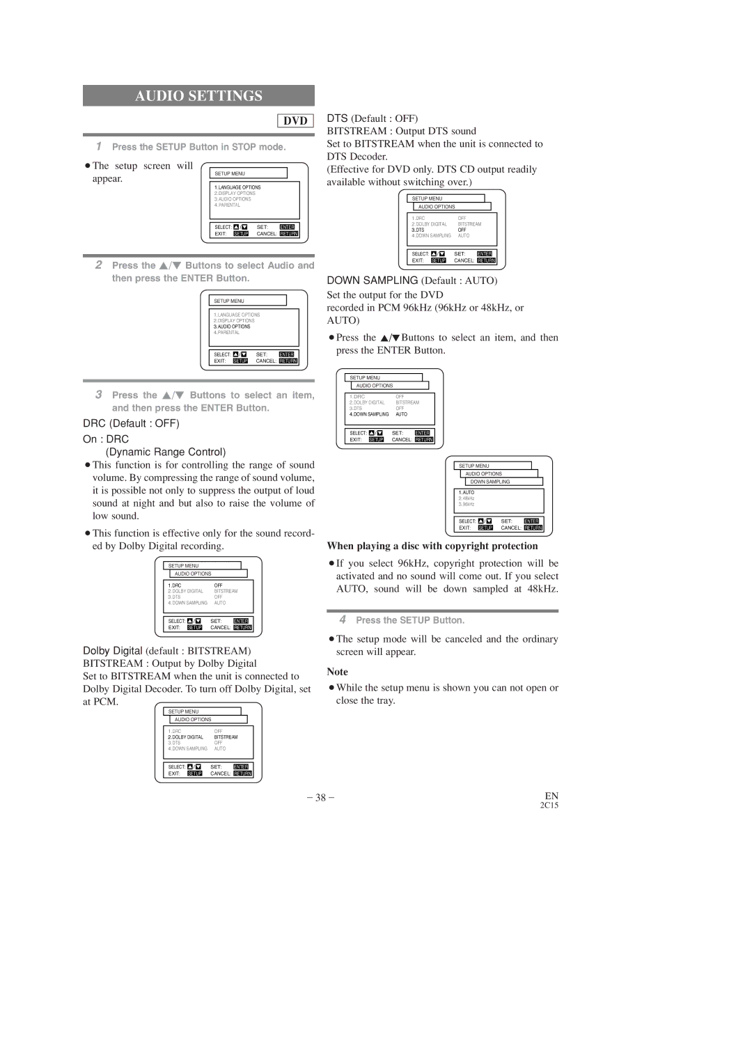 Hitachi DV-PF2U Audio Settings, Available without switching over, When playing a disc with copyright protection 