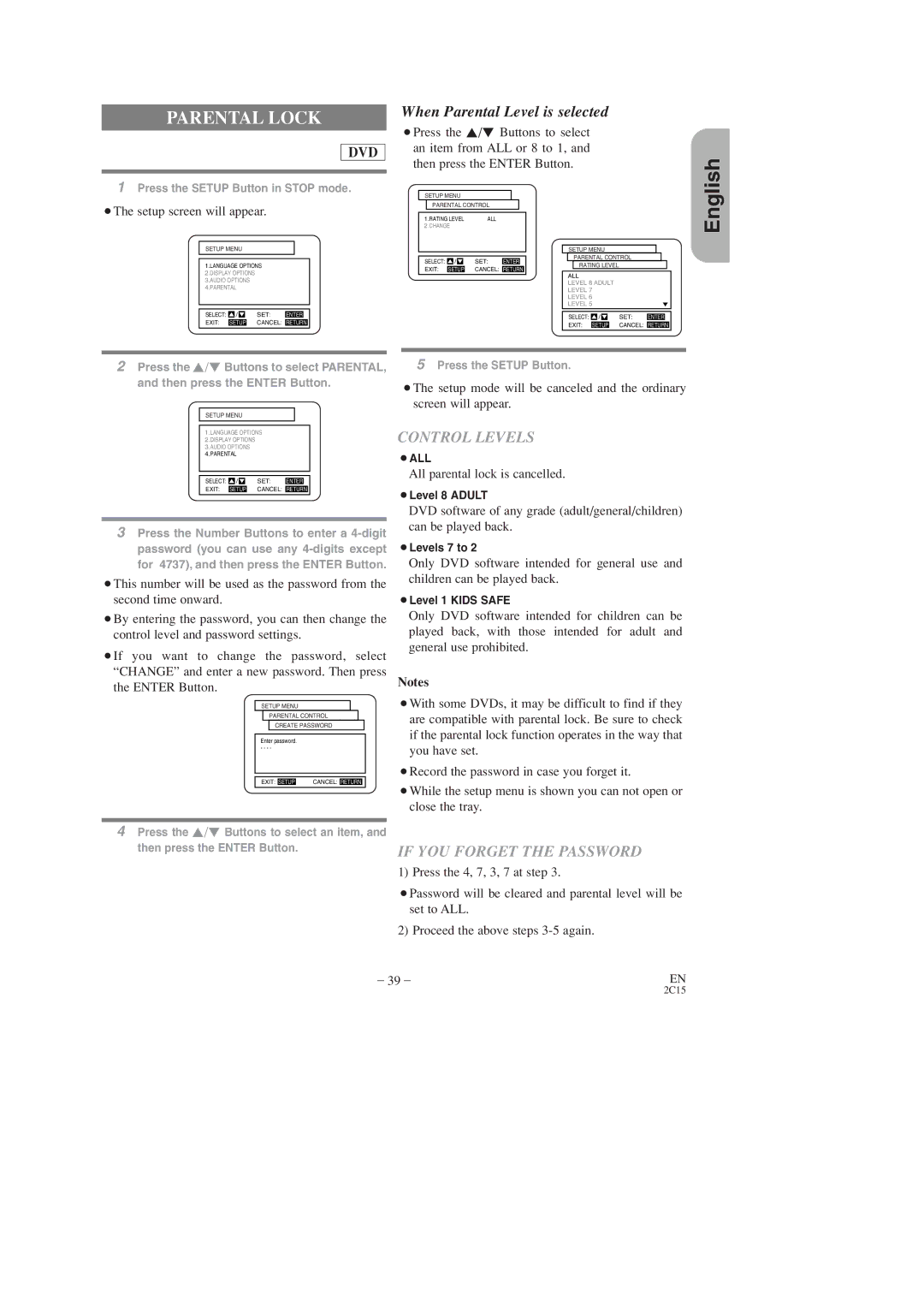 Hitachi DV-PF2U Parental Lock, Control Levels, If YOU Forget the Password, All parental lock is cancelled 