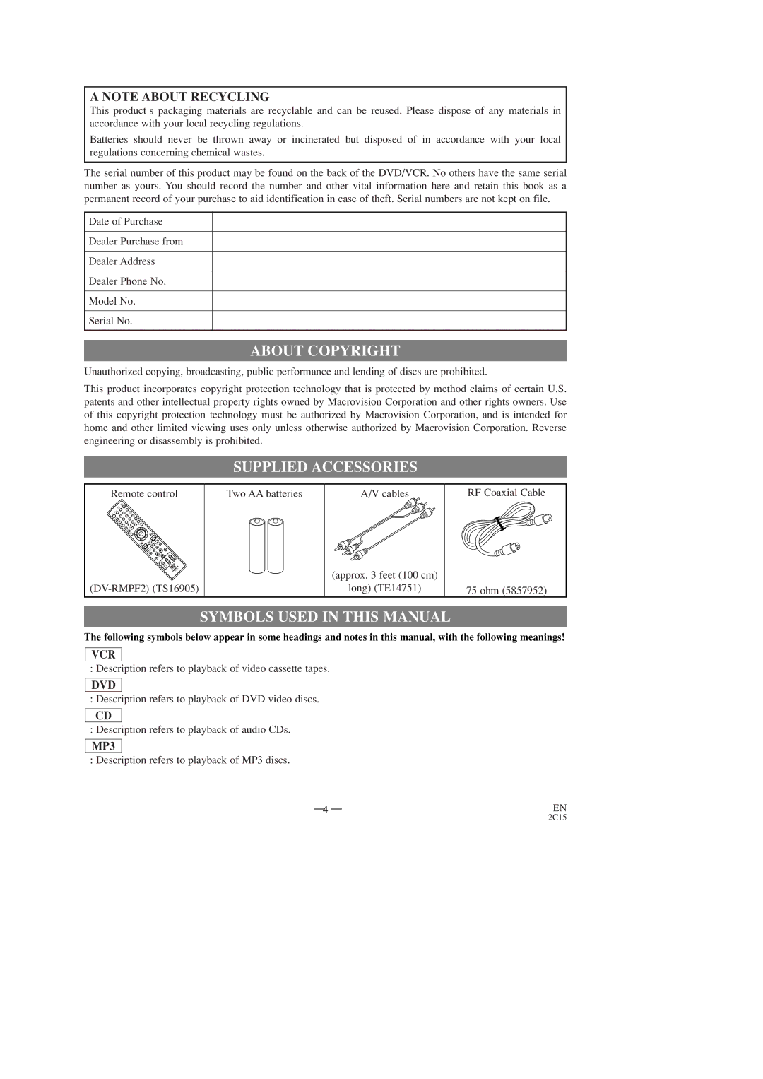 Hitachi DV-PF2U instruction manual About Copyright, Supplied Accessories, Symbols Used in this Manual 