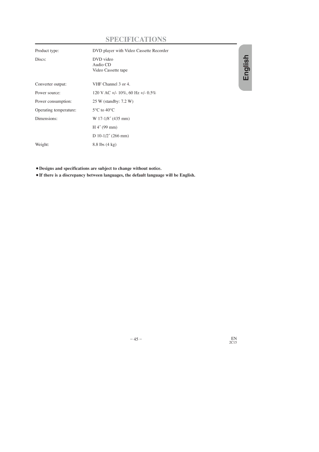 Hitachi DV-PF2U instruction manual Specifications 