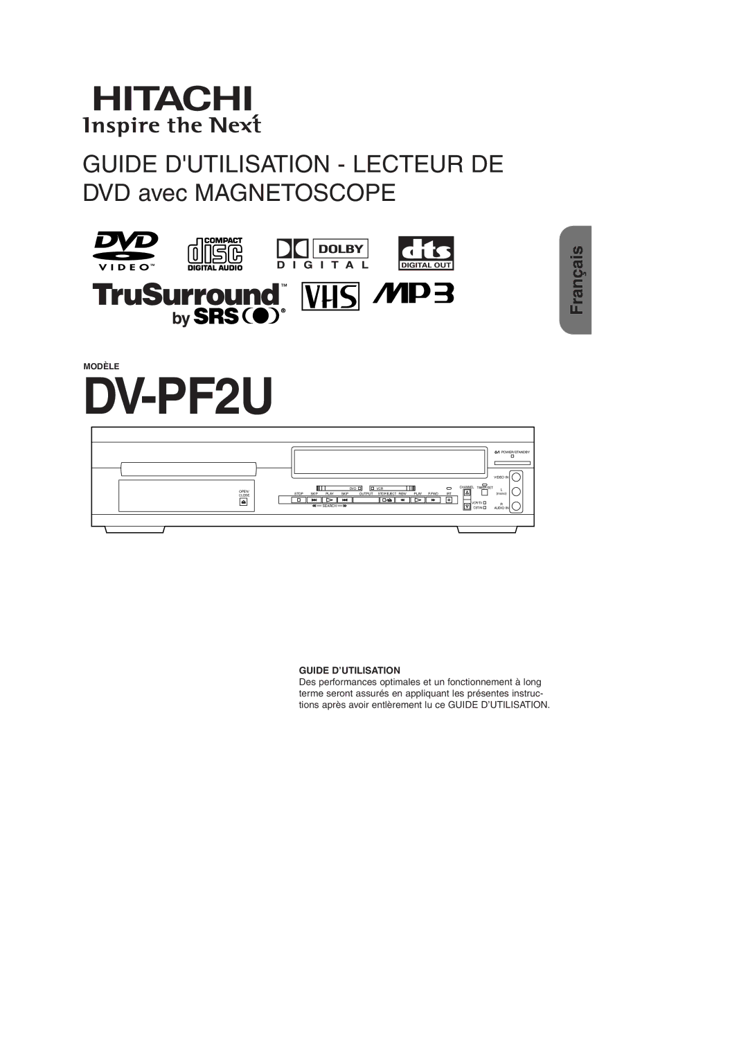 Hitachi DV-PF2U instruction manual Guide Dutilisation Lecteur DE DVD avec Magnetoscope 