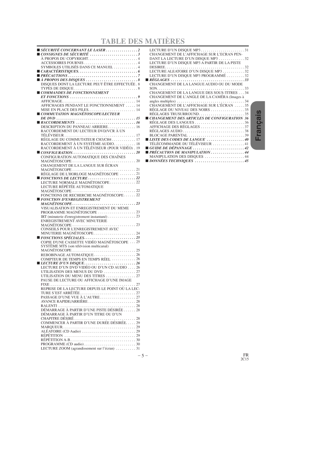 Hitachi DV-PF2U instruction manual Table DES Matières, Commutation MAGNÉTOSCOPE/LECTEUR 