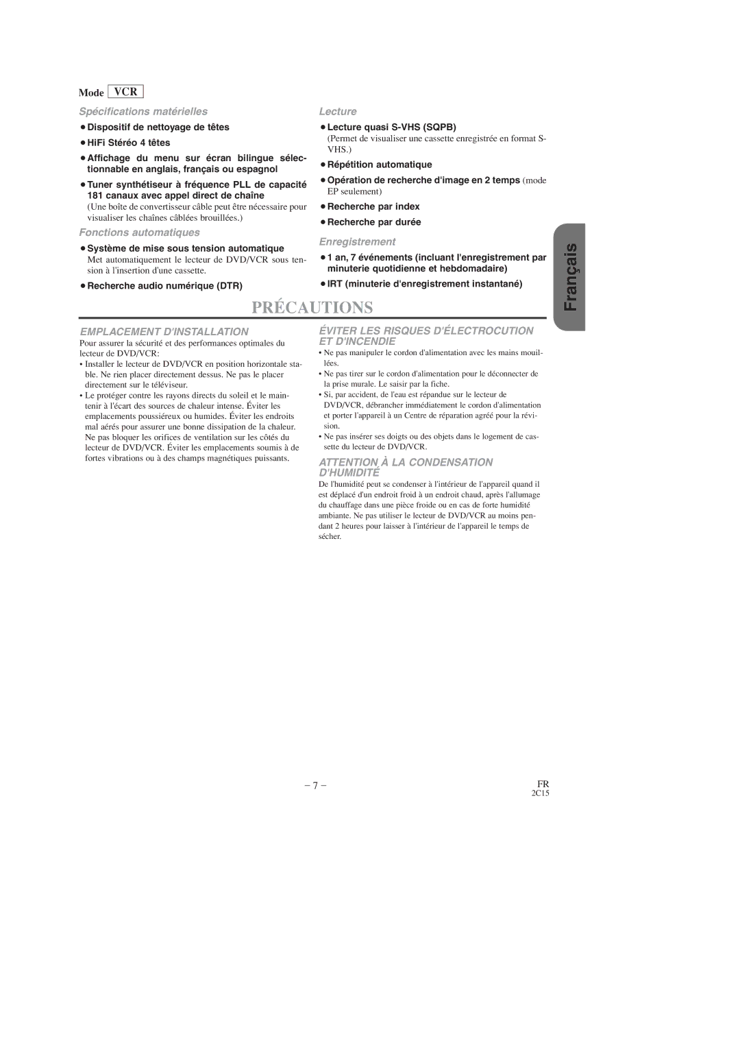 Hitachi DV-PF2U instruction manual Précautions, Mode VCR 