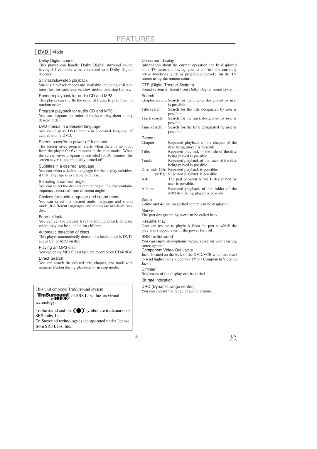 Hitachi DV-PF2U instruction manual Features, Mode, This unit employs TruSurround system, From SRS Labs, Inc 