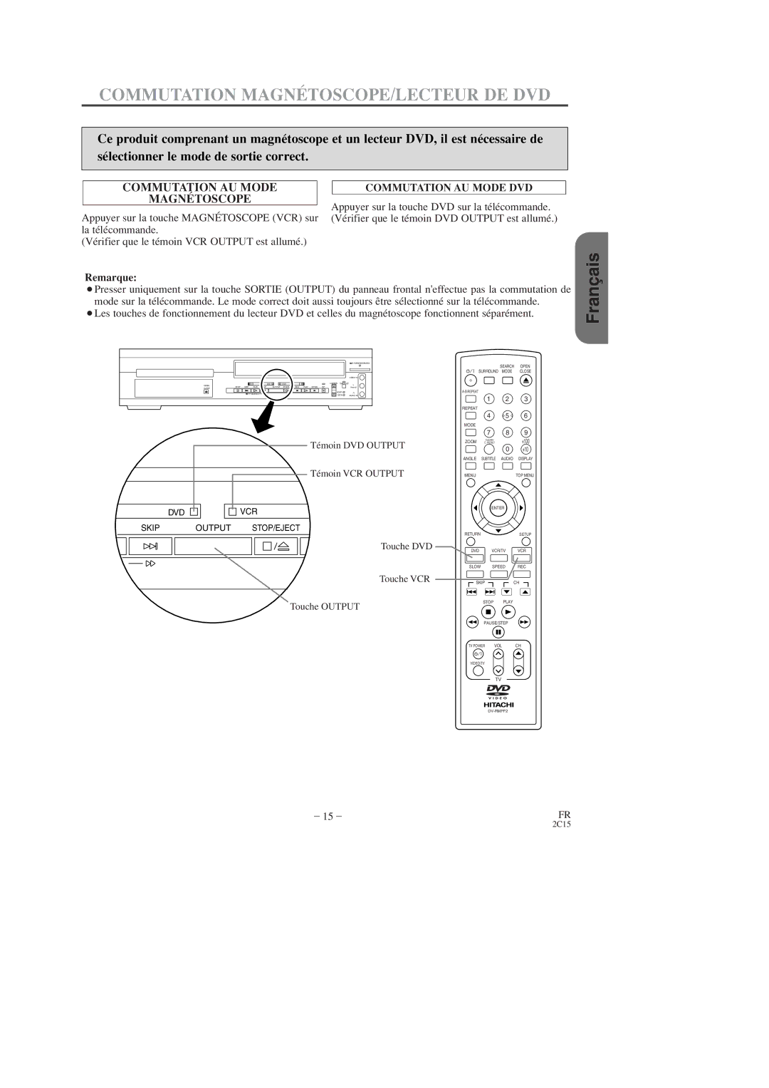 Hitachi DV-PF2U Appuyer sur la touche DVD sur la télécommande, Appuyer sur la touche Magnétoscope VCR sur, Remarque 