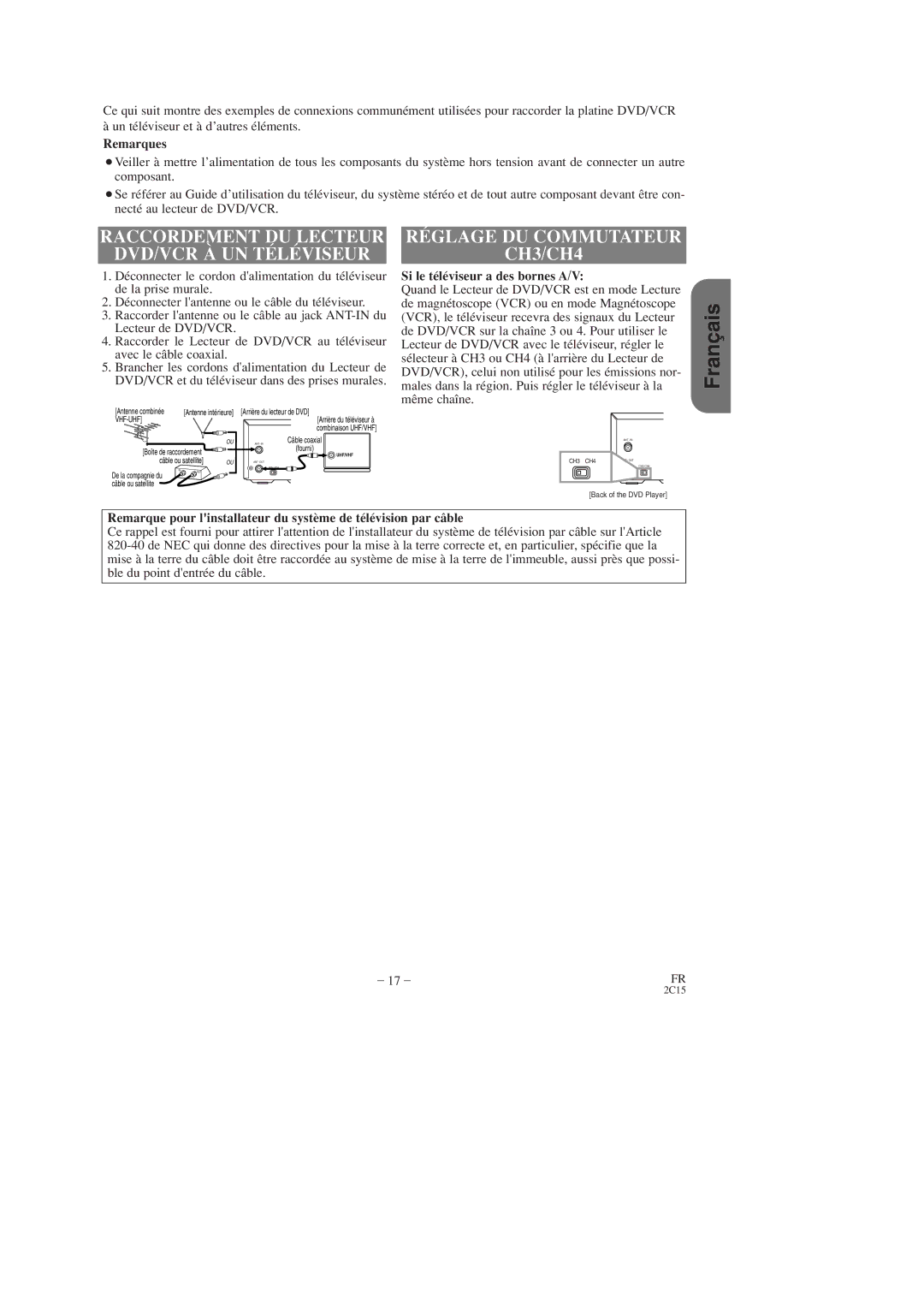 Hitachi DV-PF2U instruction manual Réglage DU Commutateur CH3/CH4, Raccordement DU Lecteur DVD/VCR À UN Téléviseur 