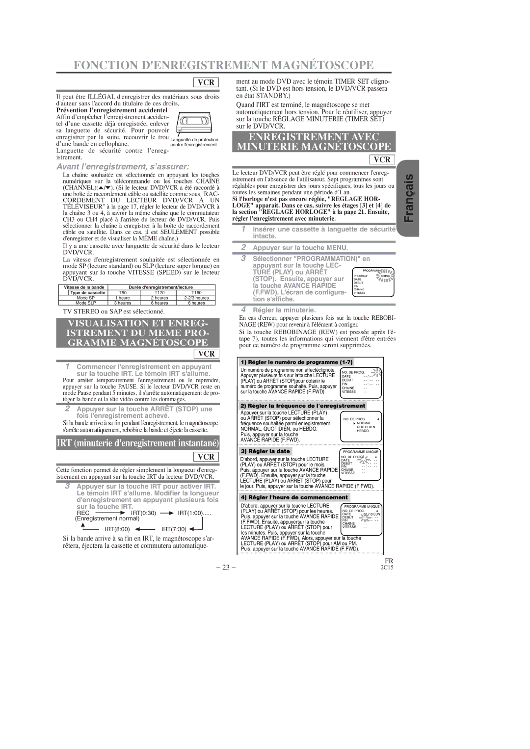 Hitachi DV-PF2U instruction manual Fonction Denregistrement Magnétoscope, Enregistrement Avec Minuterie Magnétoscope 