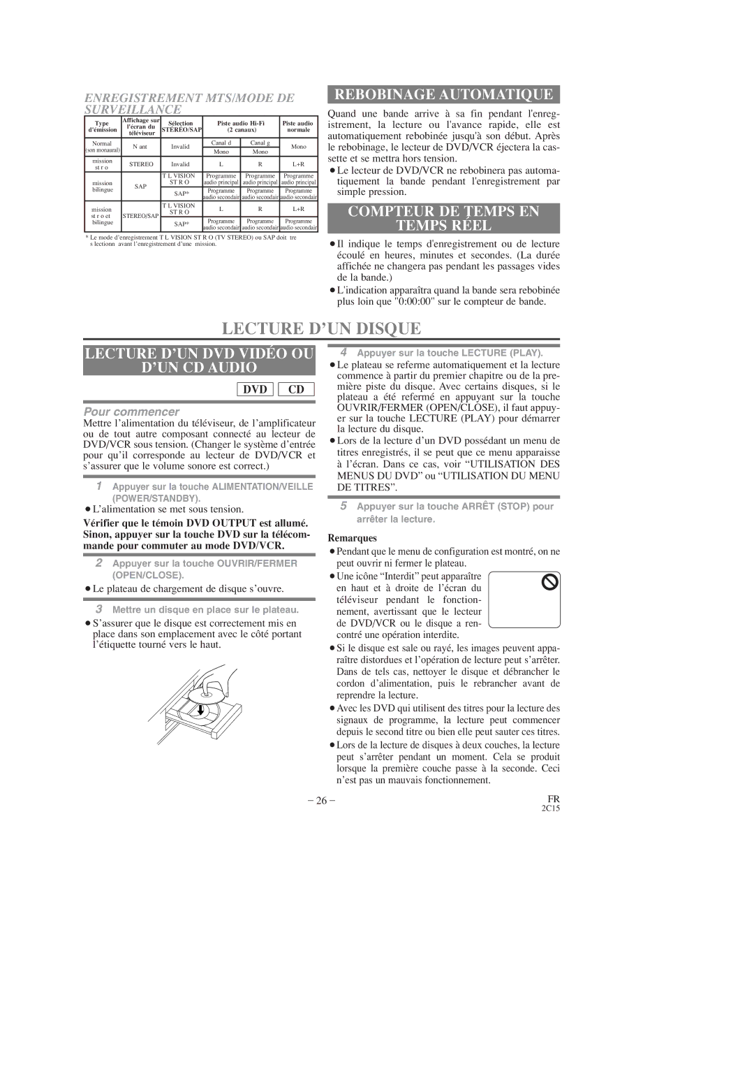 Hitachi DV-PF2U instruction manual Lecture D’UN Disque, Rebobinage Automatique, Compteur DE Temps EN Temps Réel 