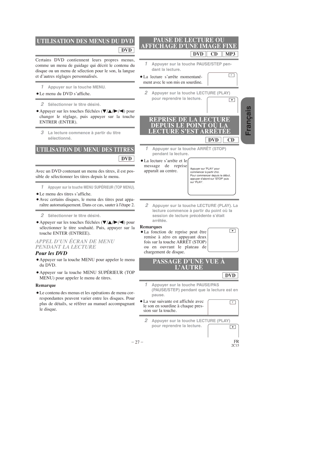 Hitachi DV-PF2U Pause DE Lecture OU Affichage D’UNE Image Fixe, Passage D’UNE VUE À ’AUTRE, Utilisation DES Menus DU DVD 