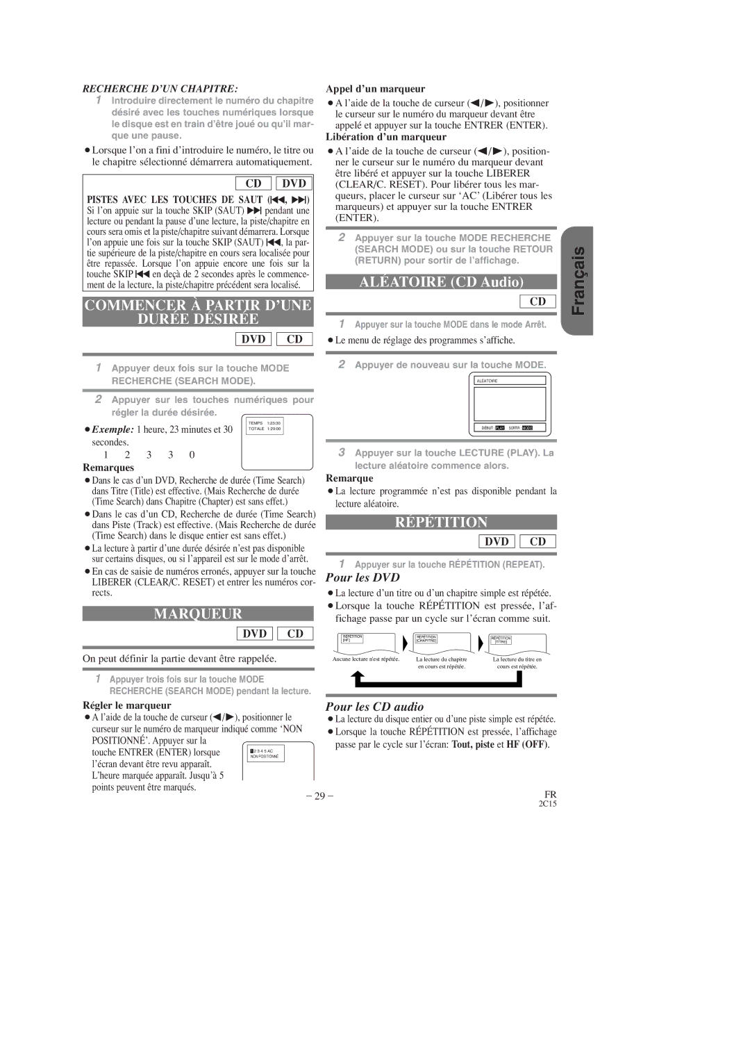 Hitachi DV-PF2U instruction manual Commencer À Partir D’UNE Durée Désirée, Marqueur, Aléatoire CD Audio, Répétition 