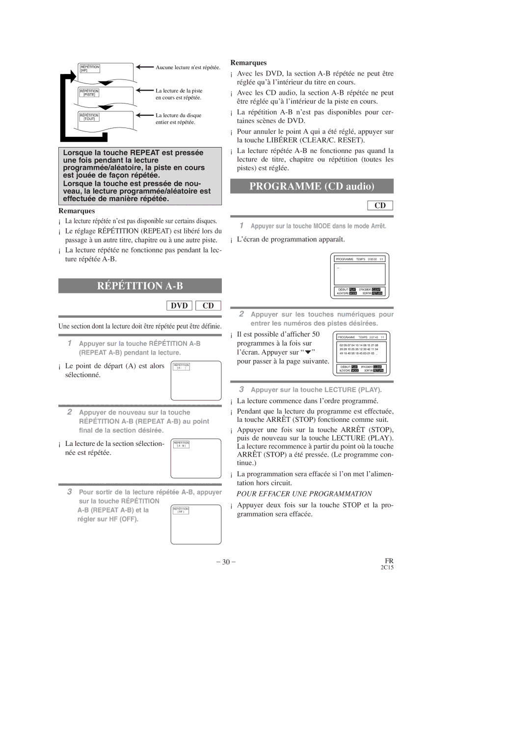 Hitachi DV-PF2U instruction manual Répétition A-B, Programme CD audio 