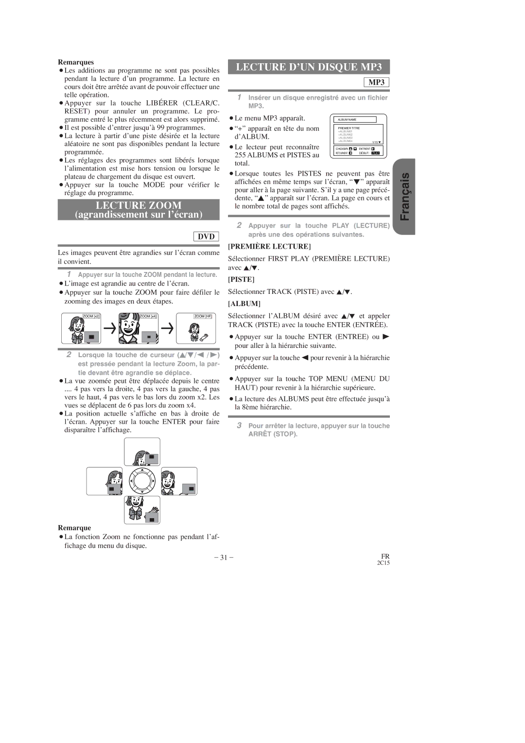 Hitachi DV-PF2U instruction manual Lecture Zoom, Agrandissement sur l’écran, Lecture D’UN Disque MP3 