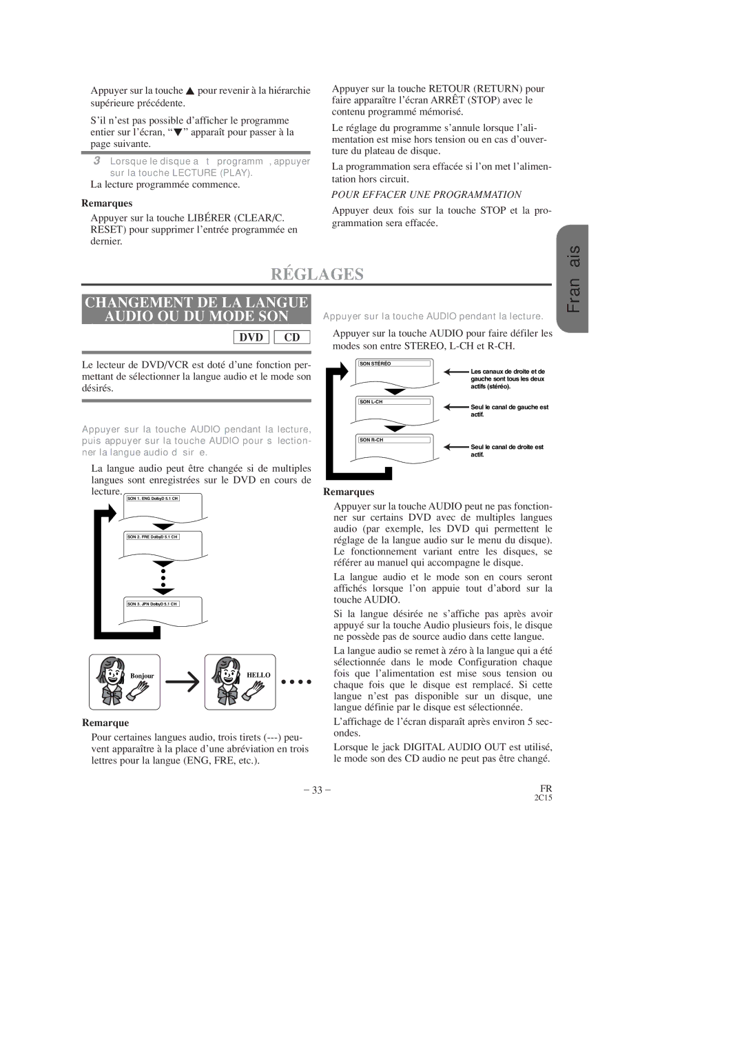 Hitachi DV-PF2U instruction manual Réglages, Changement DE LA Langue Audio OU DU Mode SON, ¡La lecture programmée commence 