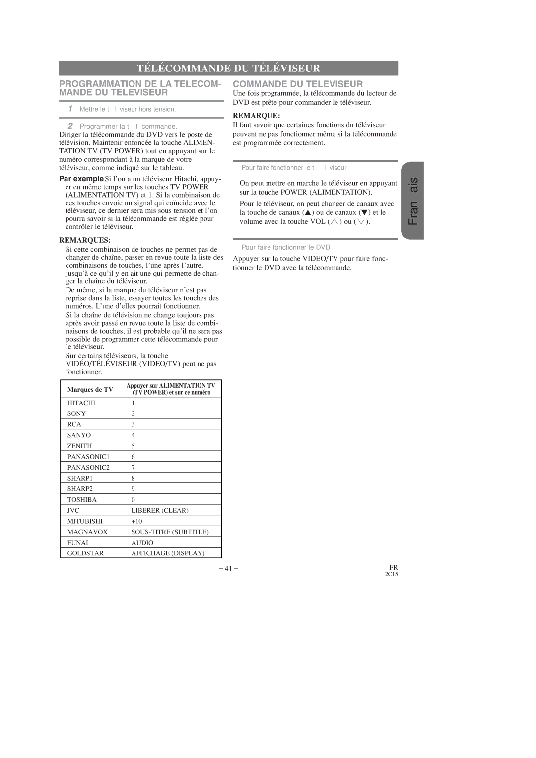 Hitachi DV-PF2U Télécommande DU Téléviseur, Programmation DE LA TELECOM- Mande DU Televiseur, Commande DU Televiseur 