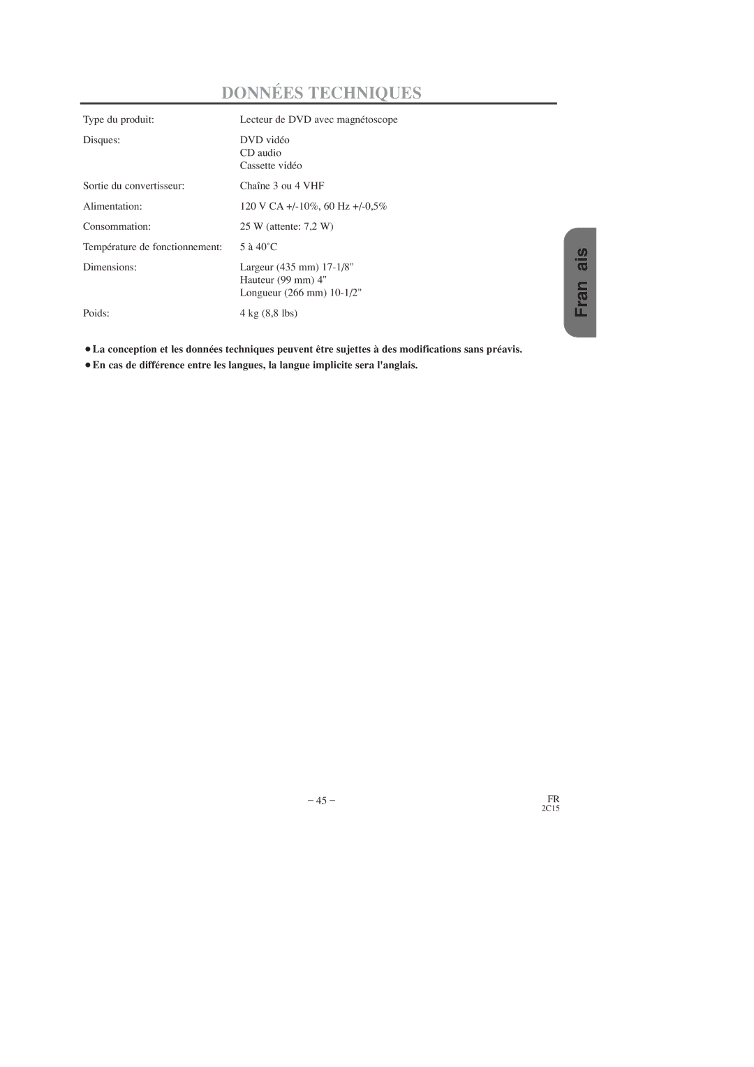 Hitachi DV-PF2U instruction manual Données Techniques 