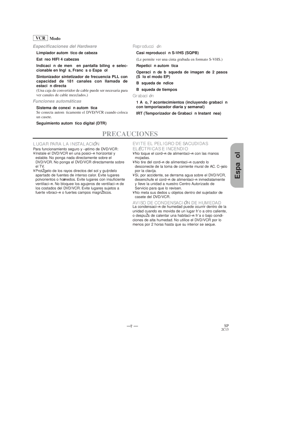 Hitachi DV-PF2U instruction manual Precauciones, VCR Modo 