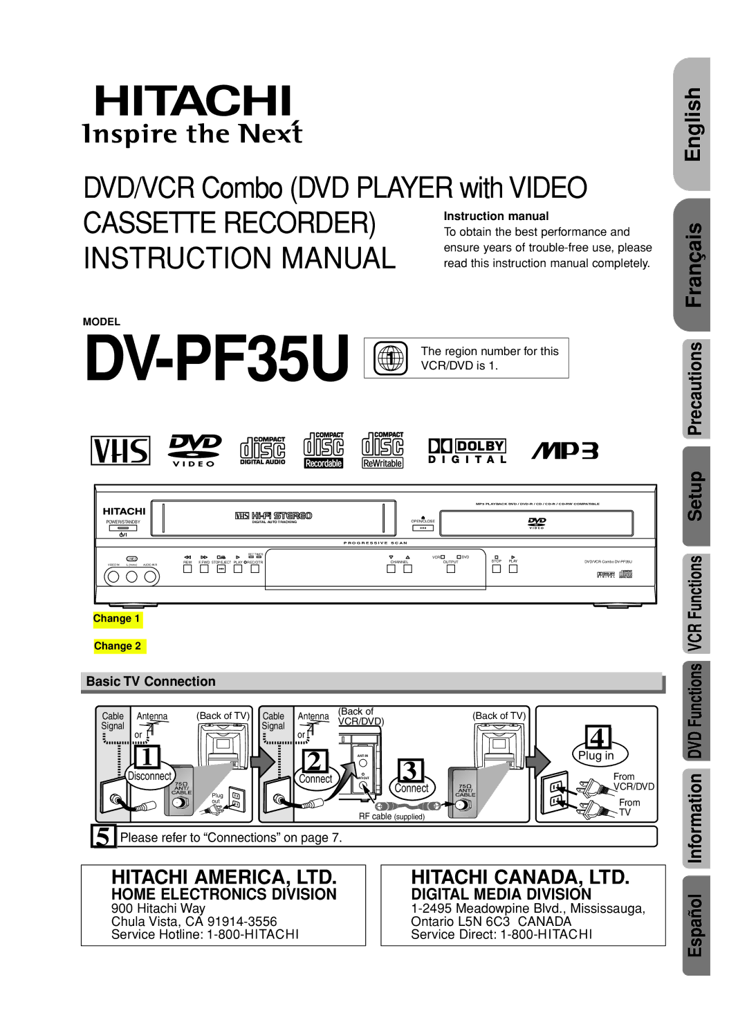 Hitachi DV-PF35U instruction manual English, Basic TV Connection, Disconnect Connect, Plug 