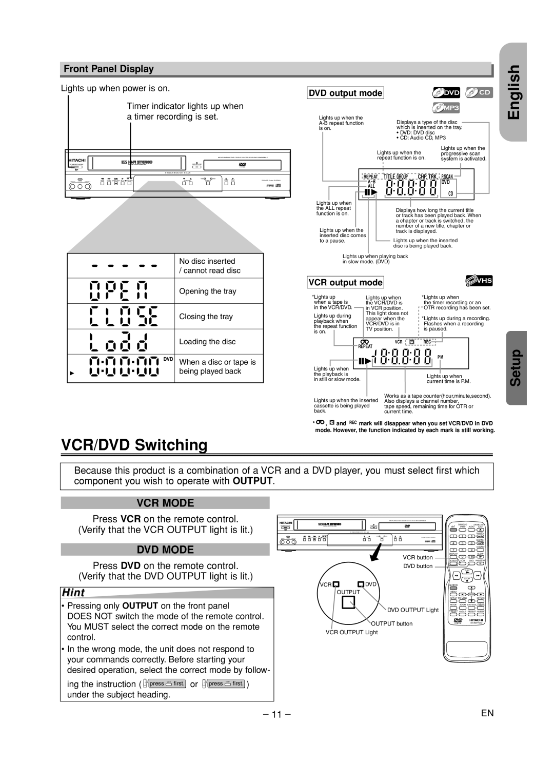 Hitachi DV-PF35U instruction manual VCR/DVD Switching, Front Panel Display, DVD output mode, VCR output mode 