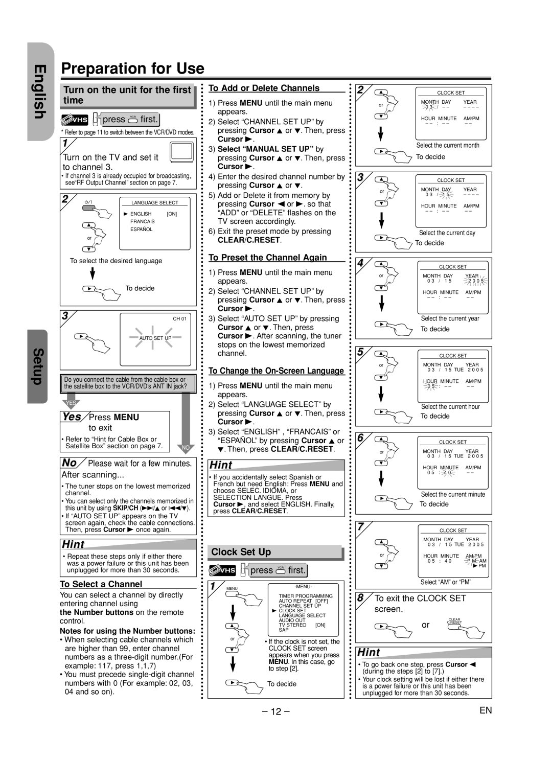 Hitachi DV-PF35U instruction manual Preparation for Use English, Turn on the unit for the first time, Clock Set Up 