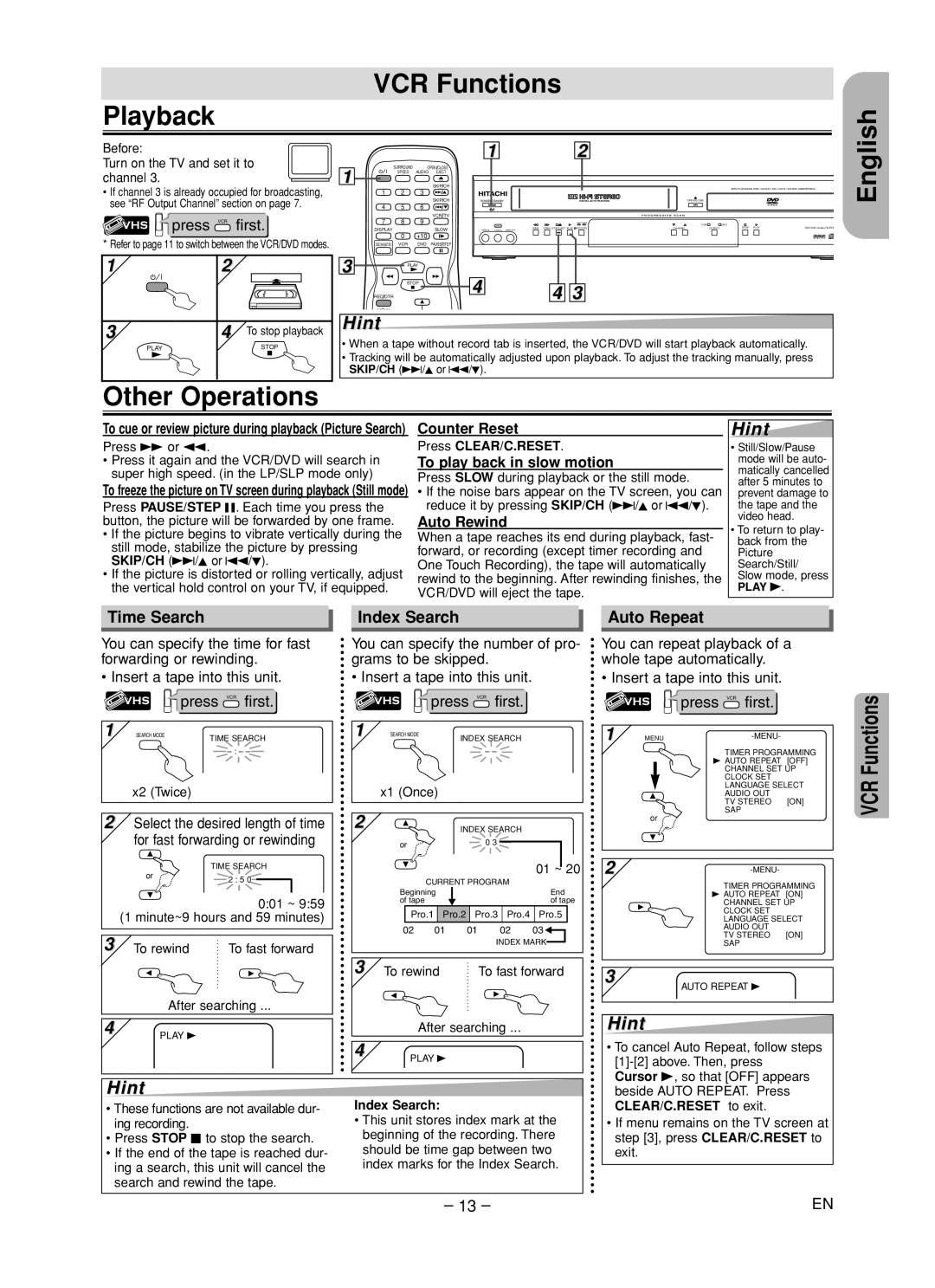 Hitachi DV-PF35U instruction manual VCR Functions Playback, Other Operations, Time Search, Index Search, Auto Repeat 