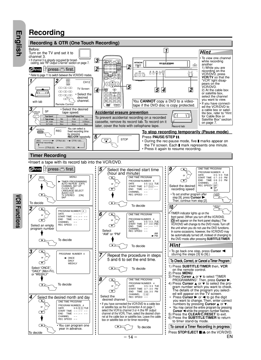 Hitachi DV-PF35U instruction manual English, Recording & OTR One Touch Recording, Timer Recording 