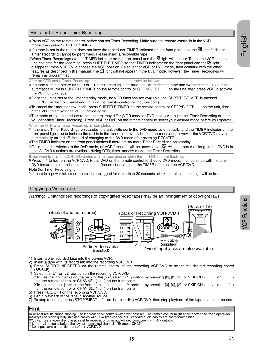 Hitachi DV-PF35U instruction manual Hints for OTR and Timer Recording, Copying a Video Tape, Back of Recording VCR/DVD 