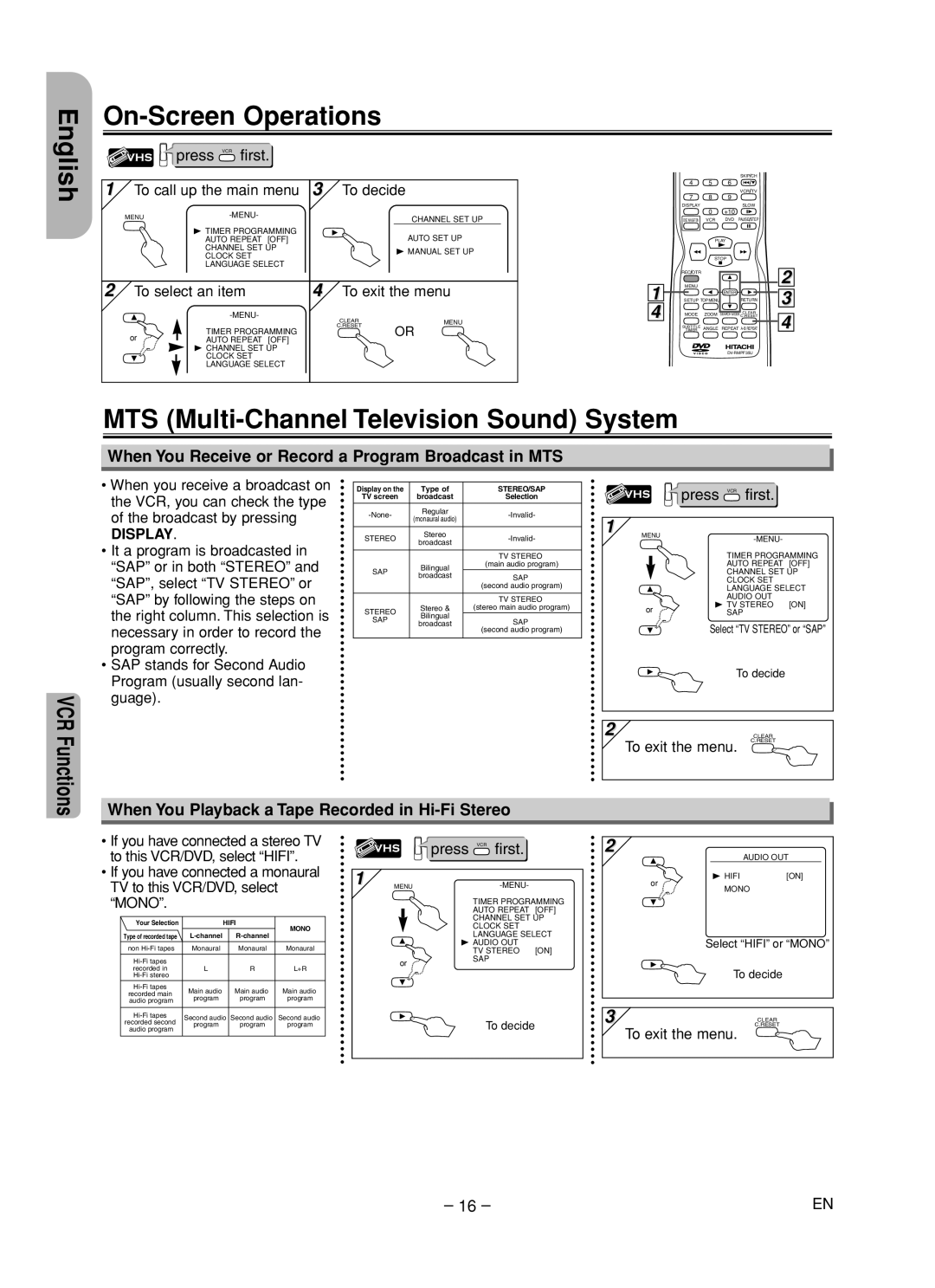 Hitachi DV-PF35U instruction manual English On-Screen Operations, MTS Multi-Channel Television Sound System, VCR Functions 