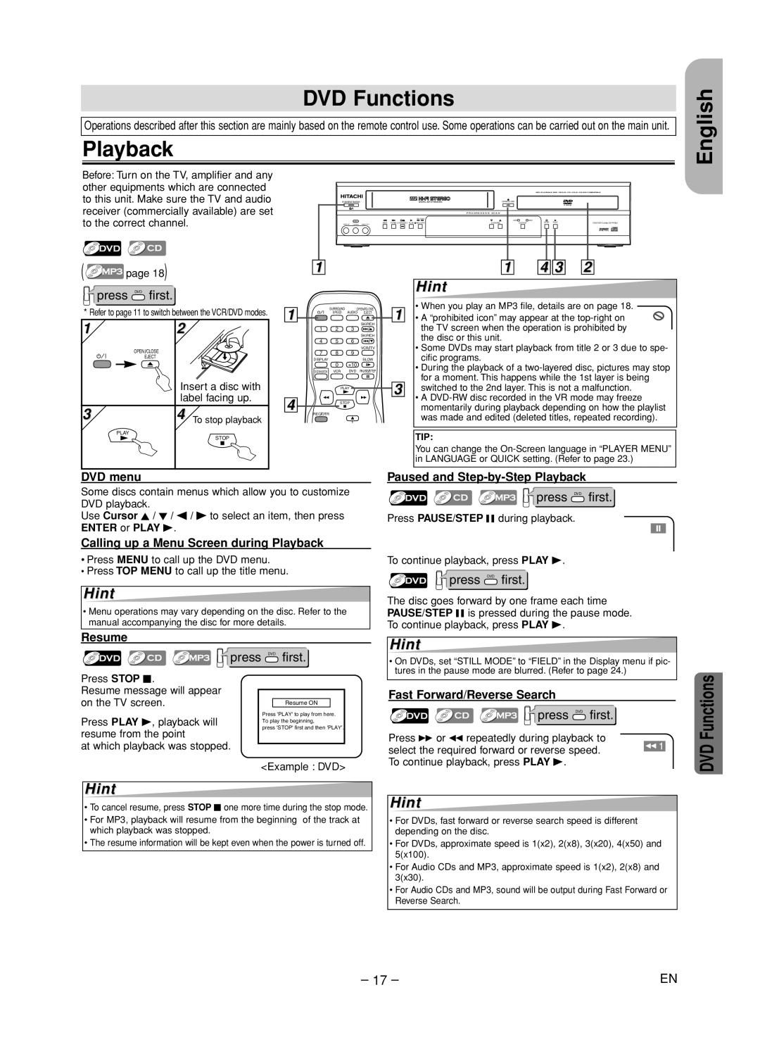 Hitachi DV-PF35U instruction manual DVD Functions, Playback English 