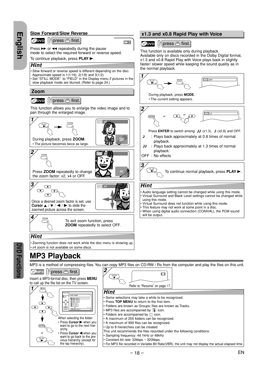 Hitachi DV-PF35U instruction manual MP3 Playback, Zoom, X1.3 and x0.8 Rapid Play with Voice, Slow Forward/Slow Reverse 