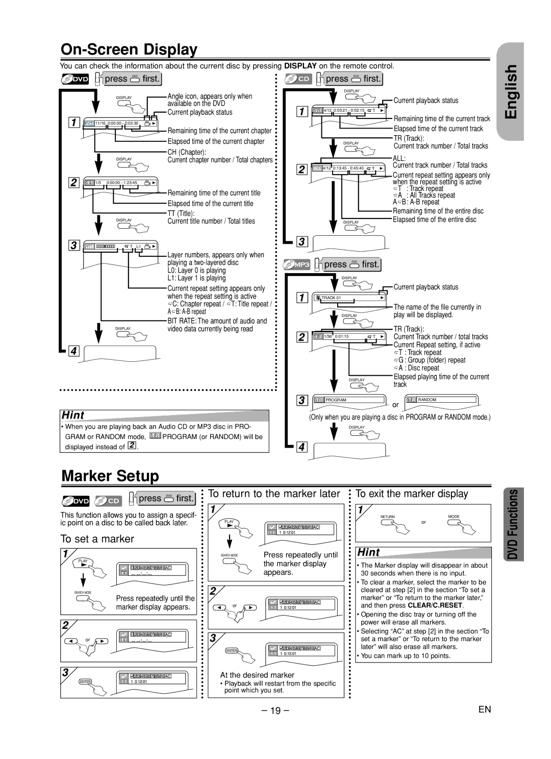 Hitachi DV-PF35U instruction manual On-Screen Display, Marker Setup 