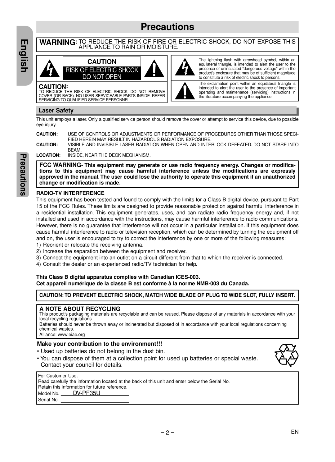 Hitachi DV-PF35U Precautions, Laser Safety, Make your contribution to the environment, English, Serial No 