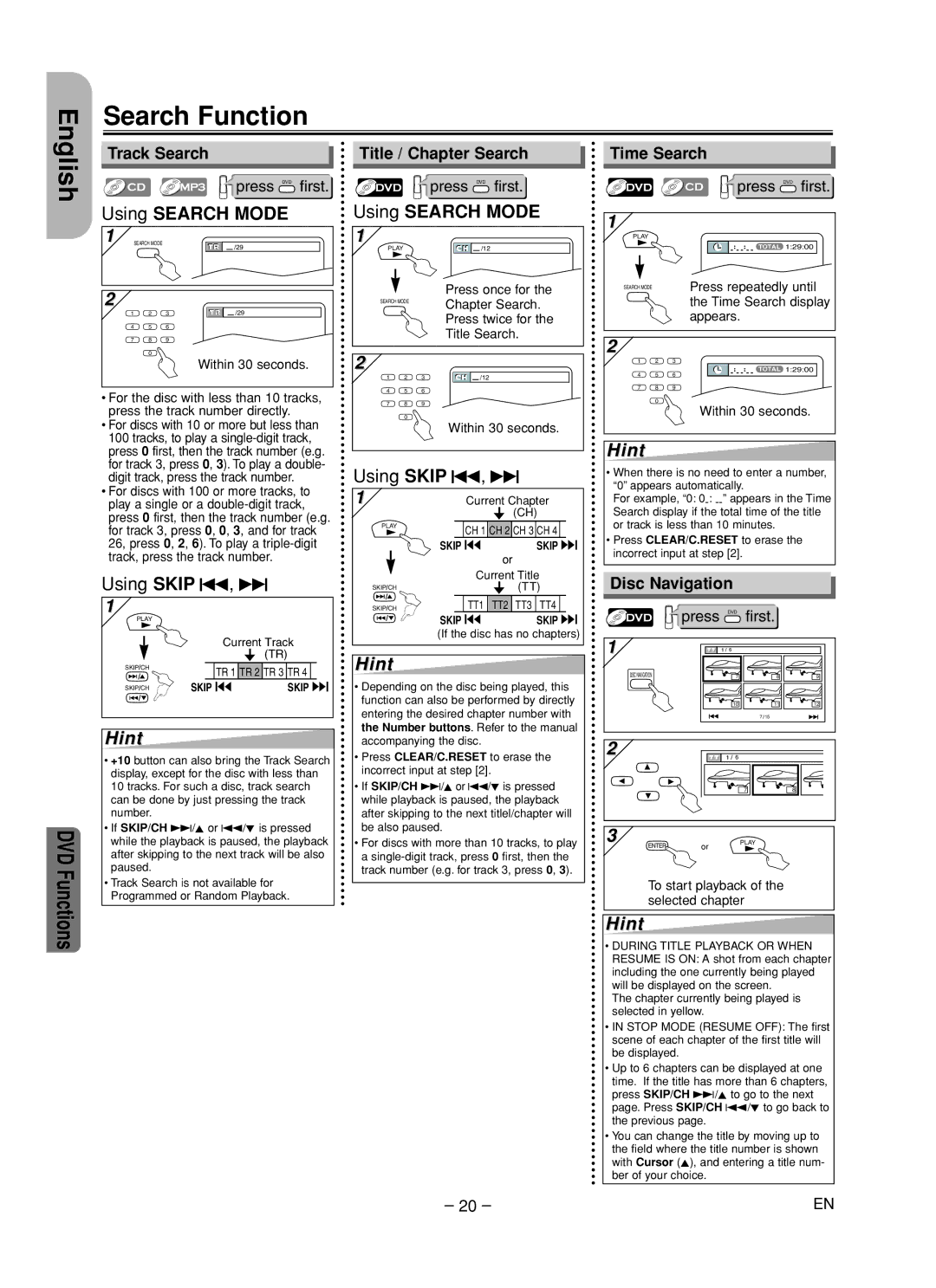 Hitachi DV-PF35U instruction manual Search Function English, Track Search, Title / Chapter Search, Disc Navigation 