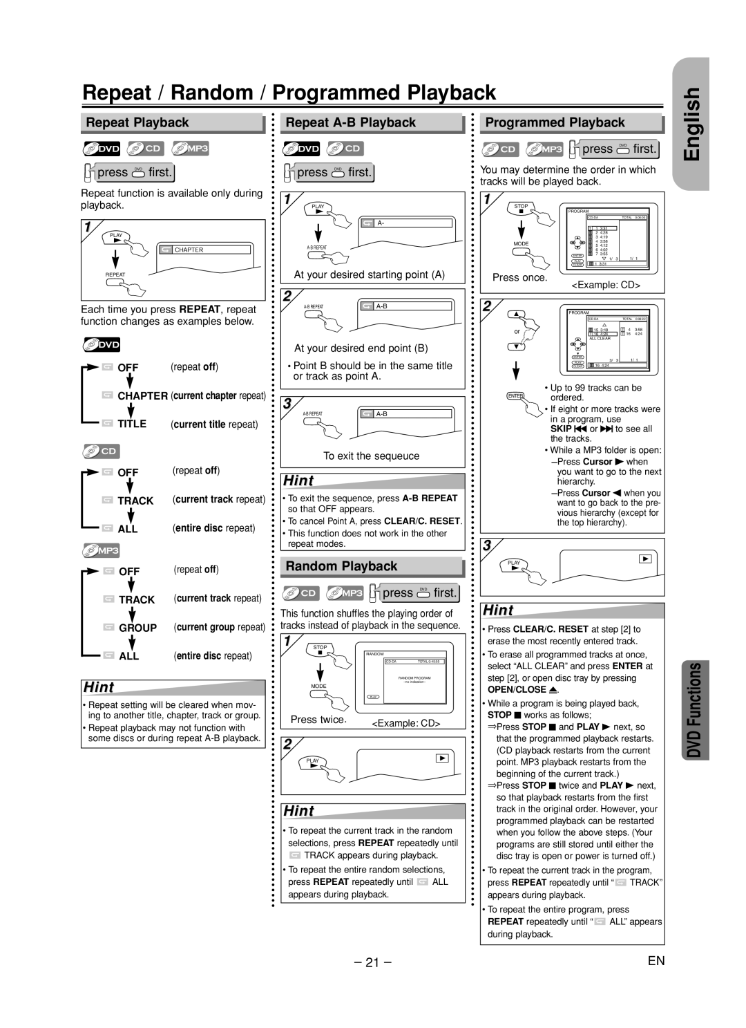 Hitachi DV-PF35U Repeat / Random / Programmed Playback, Repeat Playback Repeat A-B Playback Programmed Playback 