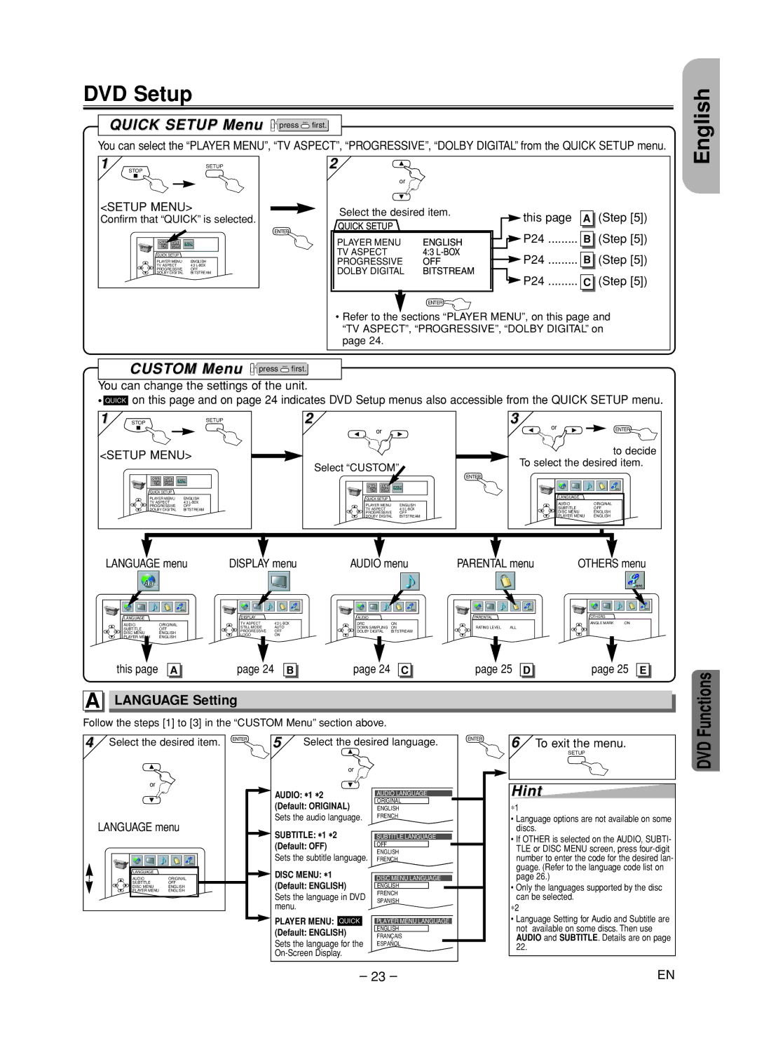 Hitachi DV-PF35U instruction manual DVD Setup, Language Setting, This page a 24 B 24 C 25 D 25 E 