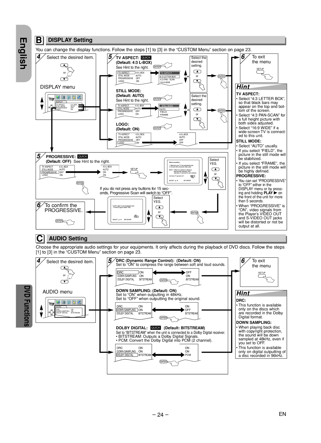 Hitachi DV-PF35U instruction manual Display Setting, Audio Setting, To confirm, English, To exit the menu 