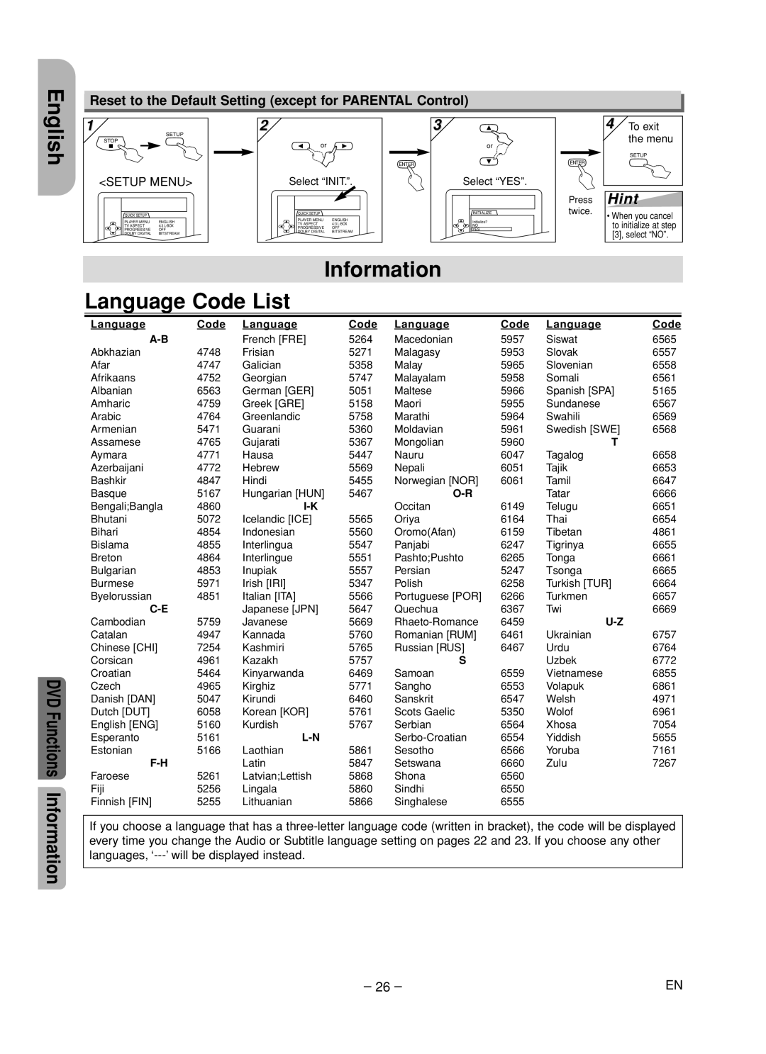 Hitachi DV-PF35U Information Language Code List, Reset to the Default Setting except for Parental Control, Select YES 